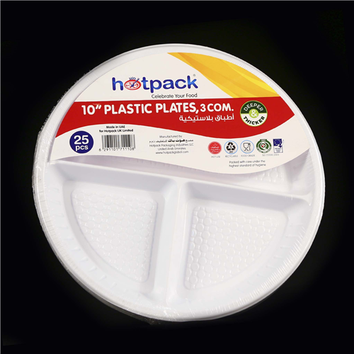 10 INCHES HOTPACK PLASTIC PLATES 3 COMPARMENTS