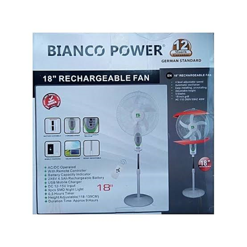 BIANCO POWER RECHARGEABLE STANDING FAN 18" CA11127