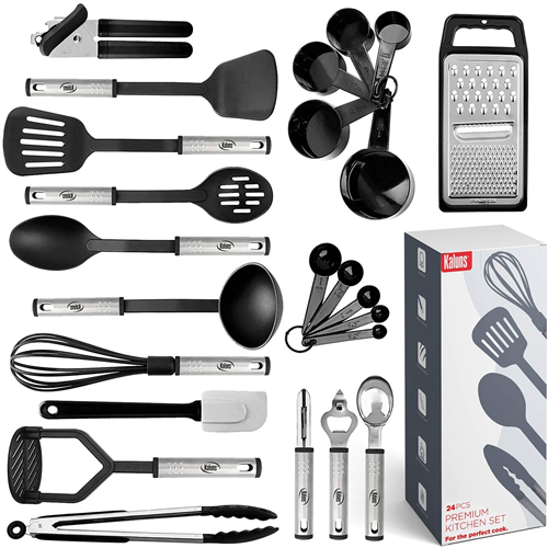 Kitchen Utensil Set 24 Nylon and Stainless Steel Set, Non-Stick and Heat Resistant Cooking Utensils Set, Kitchen Tools, Useful Pots and Pans Accessories and Kitchen Gadgets (Black)